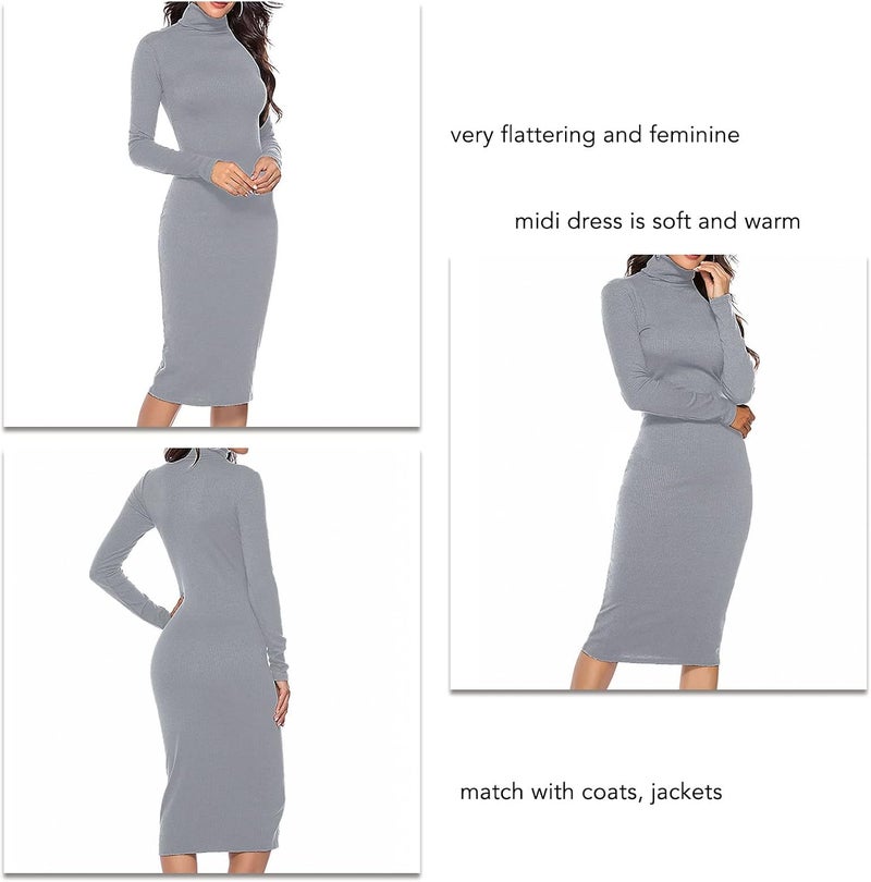 woobles Turtleneck Knit Sweater Stretch Dress, Solid Color Elastic Basic Turtleneck Ribbed Sweater Dress for Winter for Party Date XL - Image 2